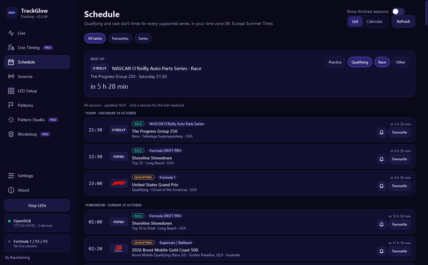 The TrackGlow Schedule with upcoming sessions, countdowns and reminders
